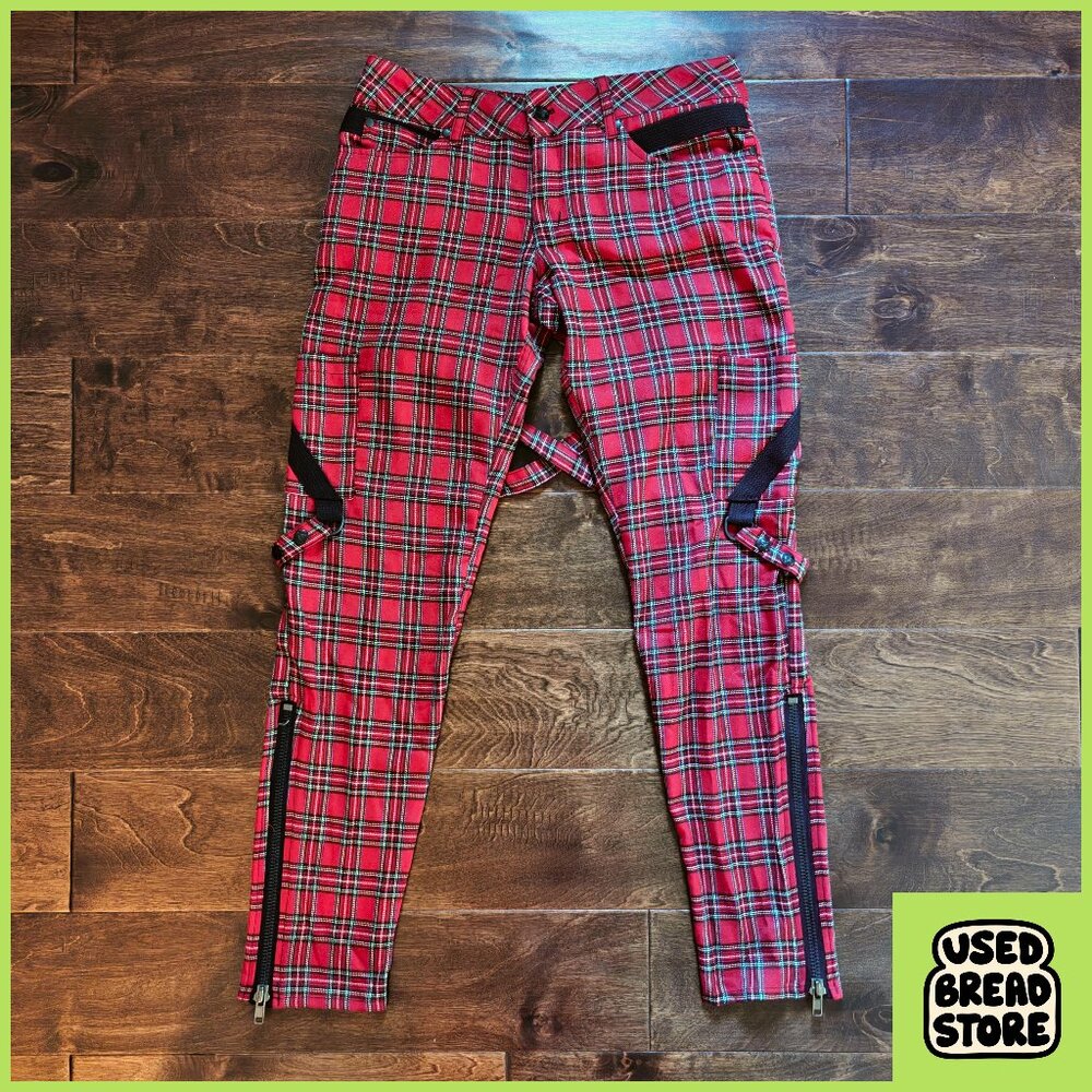 Rare Vintage Lip Service Red Black Tartan Bondage Pants Size 7 Goth Scene Y2K